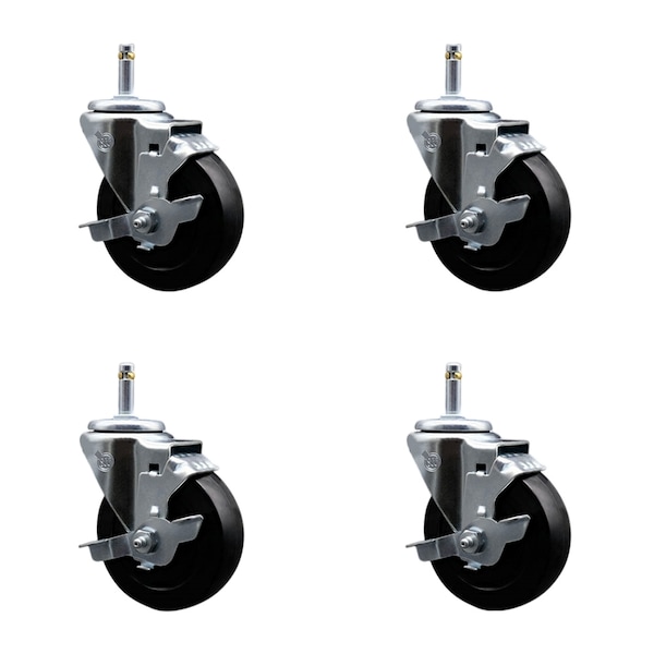 4'' Soft Rubber Wheel Swivel 7/16'' Grip Ring Stem Caster Set with Brake, 4PK